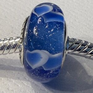 Authentic Pandora Blue Double Hearts Retired Murano Glass Charm, Valentine